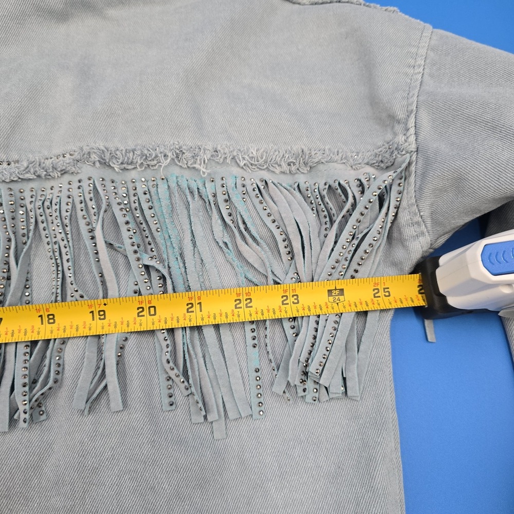 Zara Rhinestone Fringe Denim‎ Shacket Light Blue Gray Western Boho Size Small - Picture 8 of 9